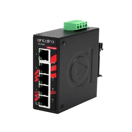 Antaira Compact 5-Port Industrial Gigabit PoE+ Unmanaged Ethernet Switch LNP-C500G-T
